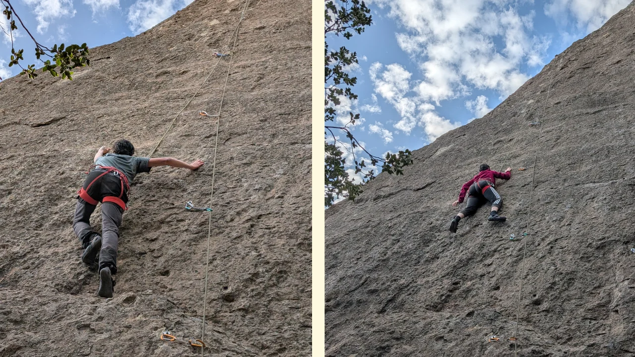 Una composició d'imatges d'escalada en roca al Cajón del Maipo: a l'esquerra, un home equipat amb arnès progressant per una paret de roca vertical; a la dreta, una dona amb jaqueta lila escalant una altra secció de la paret de pedra sota un cel blau amb núvols blancs.