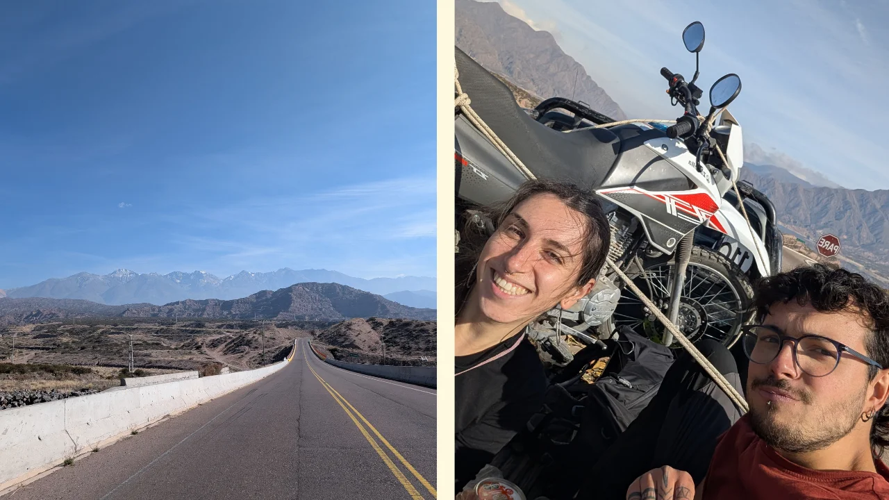 Composició d'imatges que mostra, a l'esquerra, una carretera asfaltada buida amb línies grogues que es perd a l'horitzó cap a les muntanyes i, a la dreta, una selfie de la Irene i en Pau somrient des de la part posterior d'una camioneta pickup al costat d'una motocicleta.