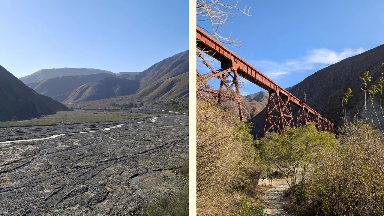 Composició de dues fotografies a la zona de Campo Quijano. A l'esquerra, una àmplia panoràmica de la llera d'un riu trenat de còdols i sediment fosc serpentejant a través d'una vall àrida entre grans muntanyes sota un cel blau net. A la dreta, la imponent estructura metàl·lica d'acer rovellat d'un alt viaducte de tren en desús travessant el canyó sobre un caminet envoltat de vegetació.