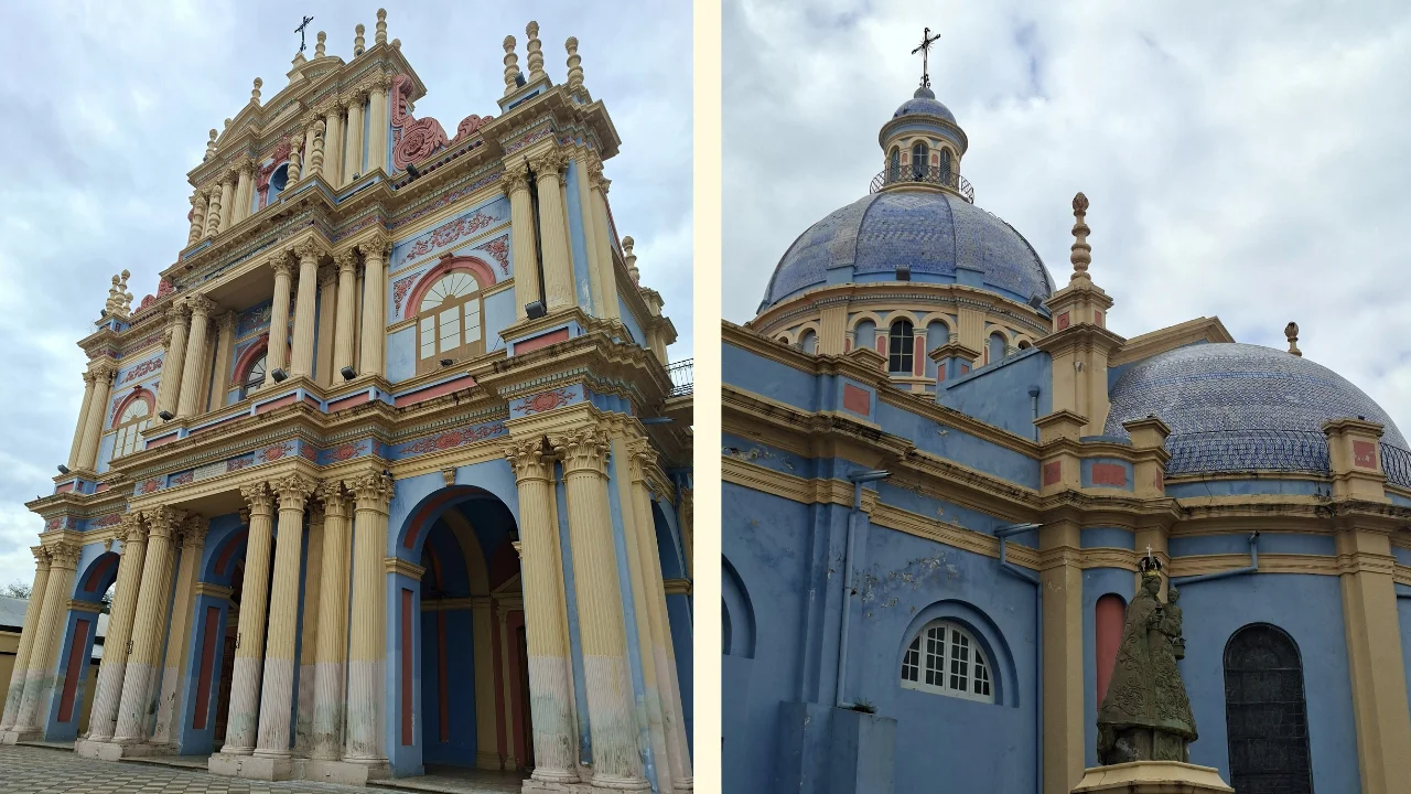 Composició de dues fotografies de la cridanera església blava de San Alfonso a Salta. A l'esquerra, la façana principal d'estil neoclàssic decorada en tons blau cel i groc clar amb nombroses columnes, relleus i una creu a la part superior sota un cel ennuvolat. A la dreta, una perspectiva lateral que mostra les seves cúpules ornamentades amb mosaics blaus i una escultura de la Mare de Déu amb el Nen Jesús en primer pla