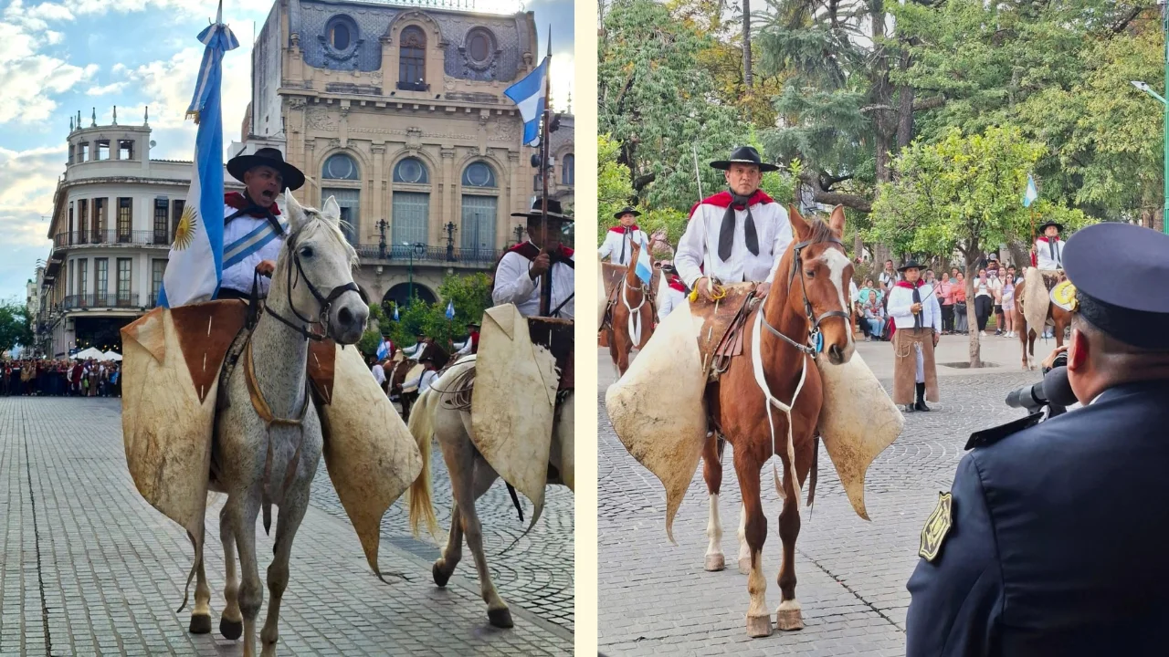 Composició de dues fotografies del canvi de guàrdia tradicional a la Plaza 9 de Julio de Salta. A l'esquerra, un genet a cavall d'un corser blanc vestit de gaucho sostenint la bandera argentina, amb guardamontes de cuir i edificis d'època de fons. A la dreta, un altre gaucho a cavall d'un exemplar castany avançant pel carrer empedrat amb barret negre i mocador al coll, envoltat d'altres genets i amb el públic expectant.