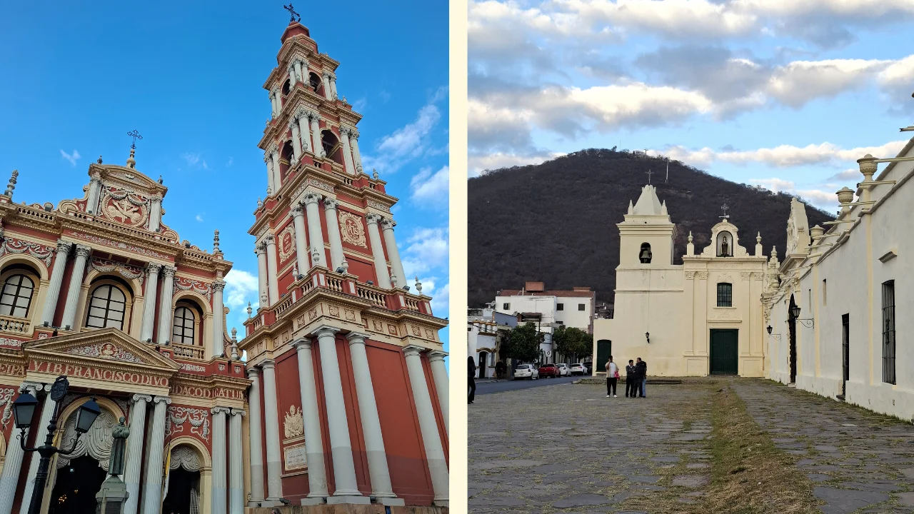 Composició de dues fotografies d'esglésies històriques a Salta. A l'esquerra, la façana barroca i l'alta torre del campanar de l'Església de San Francisco, pintades en vius tons vermells, blancs i daurats sota un cel blau. A la dreta, la senzilla façana blanca del Convent de San Bernardo davant d'una esplanada de llambordes amb un grup de persones, amb el turó del Cerro San Bernardo alçant-se al darrere.