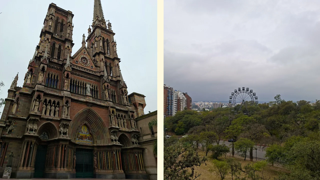 Composició d'imatges de la ciutat de Córdoba: a l'esquerra, la imponent façana d'estil neogòtic de l'església dels Caputxins (Església del Sagrat Cor); a la dreta, una vista panoràmica des de dalt d'un parc arborat amb una gran roda de fira al fons sota un cel gris.