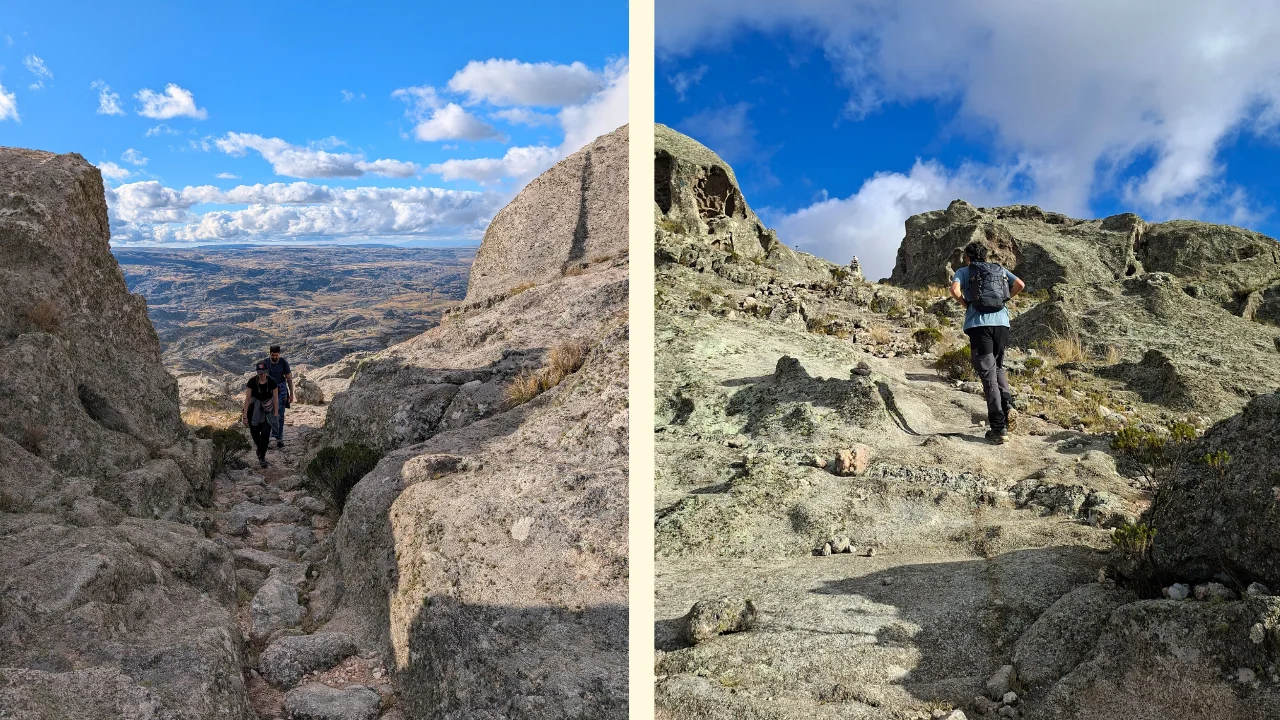Composició d'imatges de trekking a Los Gigantes: a l'esquerra, dues persones caminen per un sender de pedra entre grans formacions rocoses amb una vall de fons; a la dreta, un excursionista d'esquena amb motxilla puja per un vessant granític sota un cel blau amb núvols blancs.