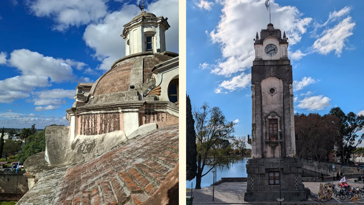 Composició d'imatges històriques d'Alta Gracia: a l'esquerra, una vista de prop de la cúpula i la teulada de maons de l'església jesuítica sota un cel blau; a la dreta, la Torre del Rellotge de pedra antiga al costat de l'estany d'El Tajamar, amb motos clàssiques aparcades a la base.