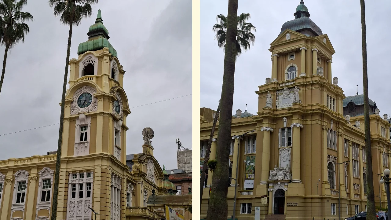 Composició d'imatges d'edificis històrics de color ocre: a l'esquerra, una elegant torre de rellotge de caràcter ornamental amb una cúpula verda; a la dreta, la façana d'estil neoclàssic de l'edifici del Museu d'Art de Rio Grande do Sul (MARGS), flanquejada per esveltes palmeres sota un cel ennuvolat.