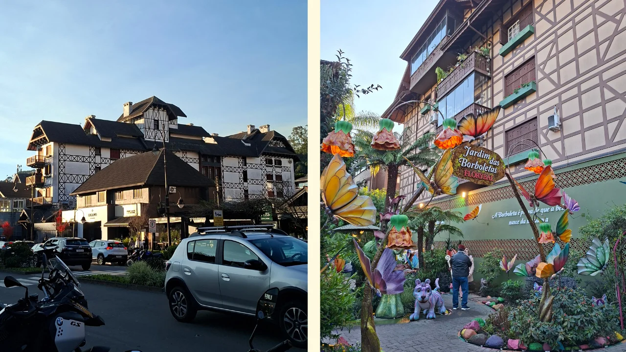 Composició d'imatges de Gramado: a l'esquerra, carrers amb edificis d'arquitectura d'estil alemany i entramats de fusta; a la dreta, l'entrada del 'Jardim das Borboletas Florybal' decorada amb grans escultures acolorides de papallones i flors gegants.