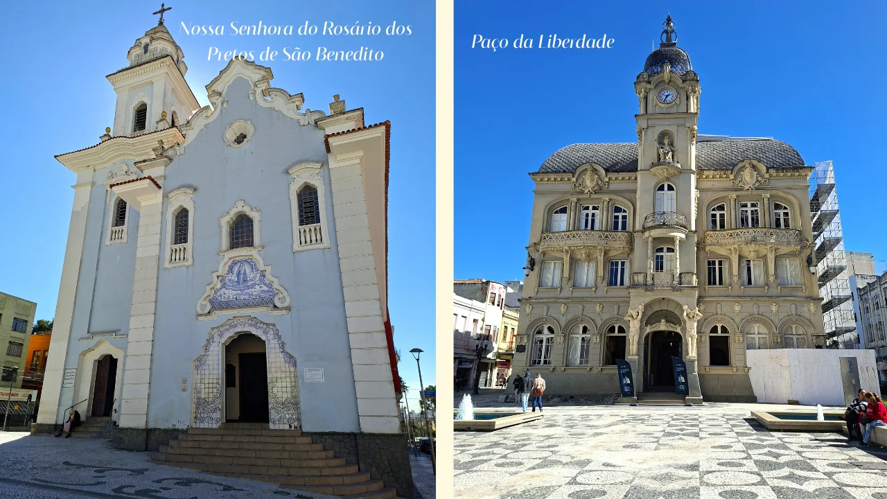 Composició de dues fotografies de Curitiba. A l'esquerra, la façana de l'Església Nossa Senhora do Rosário dos Pretos de São Benedito sota un cel blau. A la dreta, l'arquitectura ornamentada del Paço da Liberdade amb una torre de rellotge en una plaça amb una font.