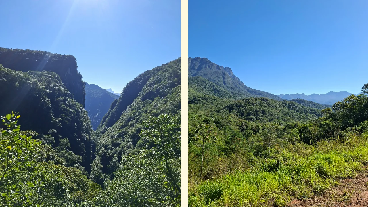 Composició de dues imatges amb vistes des del tren: a l'esquerra, una bretxa entre turons coberts de selva densa il·luminats pel sol; a la dreta, una vista panoràmica de muntanyes i turons verds de la serra sota un cel blau radiant.