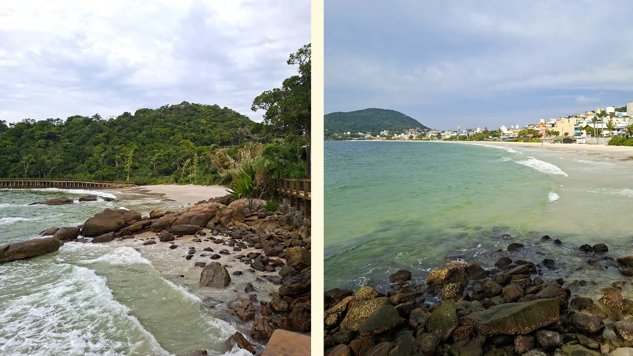 Composició de dues fotografies que mostren vistes costaneres. A l'esquerra, una platja rocosa amb vegetació tropical i un moll de fusta. A la dreta, una platja de sorra i aigües verdoses amb un paisatge urbà i un turó al fons. Totes dues sota un cel ennuvolat.