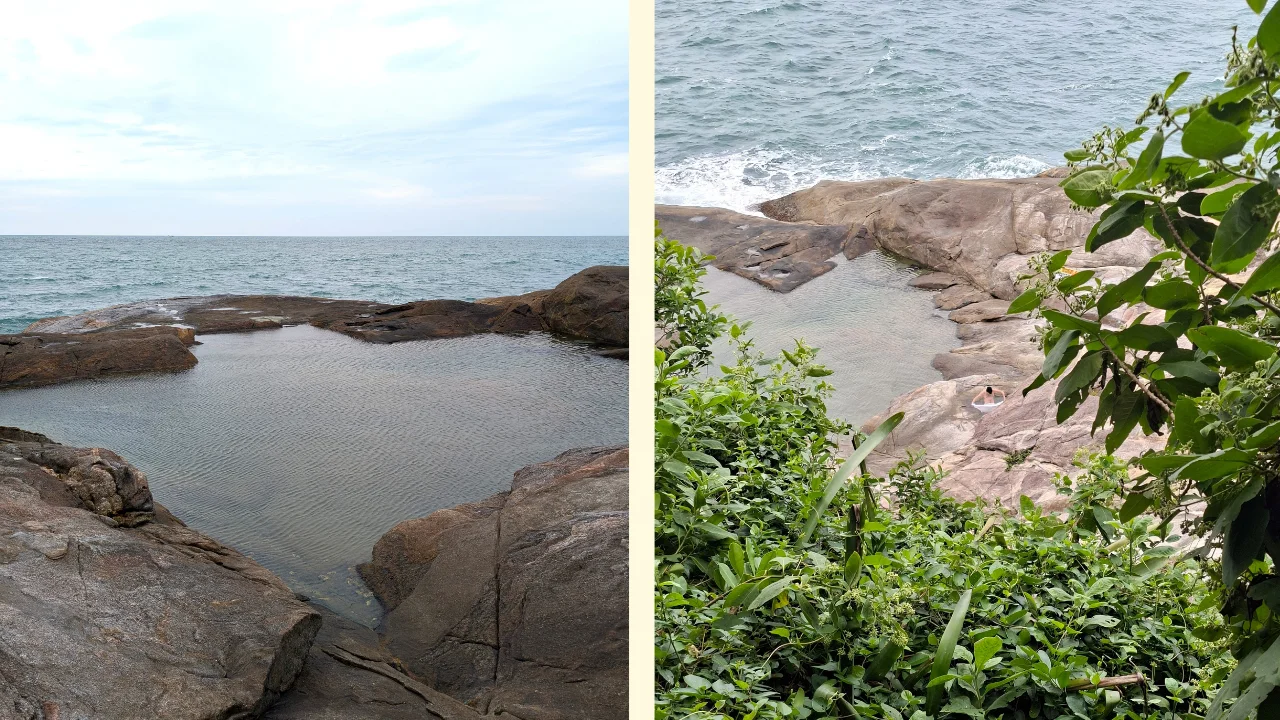 Composició de dues fotografies de piscines naturals formades per formacions rocoses a la costa. A l'esquerra, una vista a nivell de l'aigua amb l'oceà al fons. A la dreta, una vista des d'un angle més alt, amb més vegetació i una persona parcialment visible.