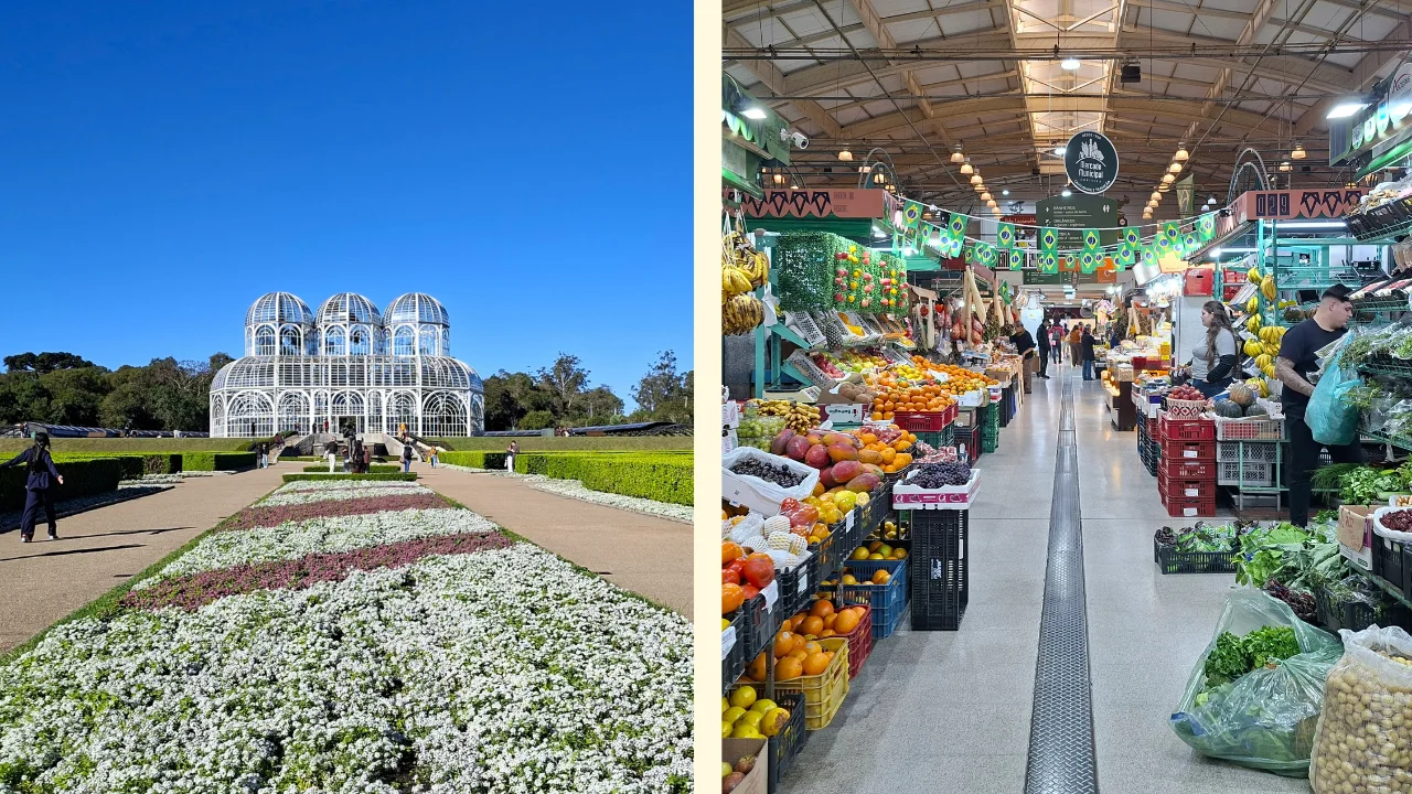 Composició de dues fotografies de Curitiba. A l'esquerra, el famós hivernacle del Jardí Botànic amb jardins de flors i gent caminant sota un cel blau. A la dreta, un passadís interior del Mercat Municipal ple de colorades paradetes de fruites i verdures, banderes i gent comprant.
