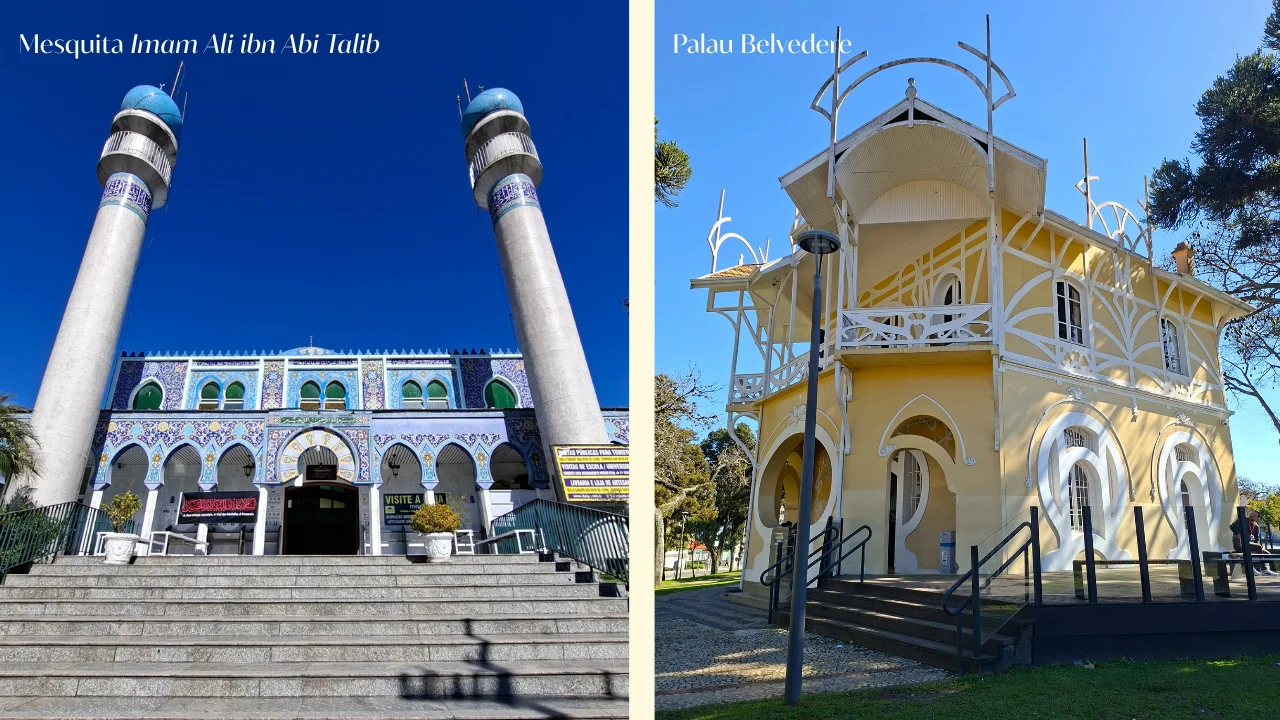 Composició de dues fotografies de Curitiba. A l'esquerra, la façana de la Mesquita Imam Ali ibn Abi Talib amb rajoles colorades i minarets sota un cel blau. A la dreta, l'arquitectura ornamentada del Palau Belvedere, un edifici eclèctic en un parc amb arbres.