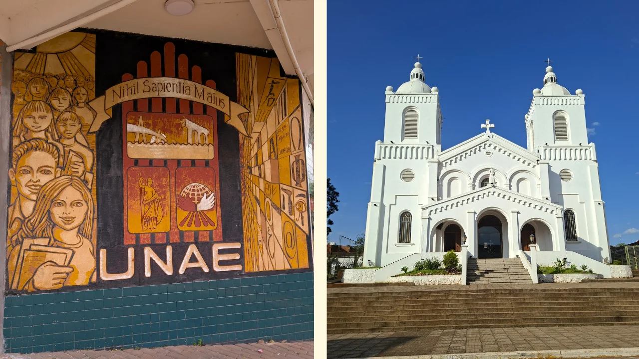Composició de dues fotografies a Encarnación. A l'esquerra, un mural artístic a la paret d'un edifici universitari en tons grocs i taronges, amb el lema