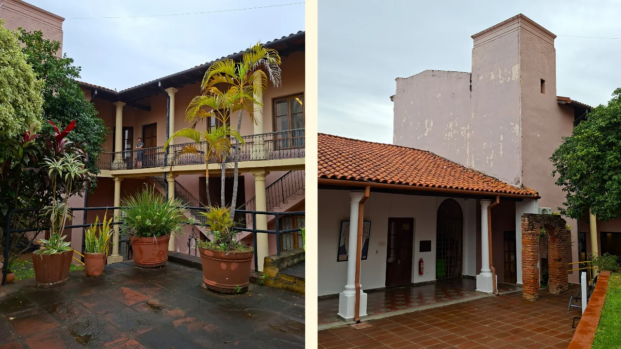 Composició de dues fotografies del conjunt colonial de la Manzana de la Rivera a Asunción. A l'esquerra, un pati interior de dues plantes de color rosat amb columnes blanques, balcons de ferro forjat i grans testos amb plantes verdes i palmeres. A la dreta, la façana de la històrica Casa Viola amb porxo de pilars blancs, teulada de teula àrab, un arc de maó vist i una torre al fons sota un cel encotxat.