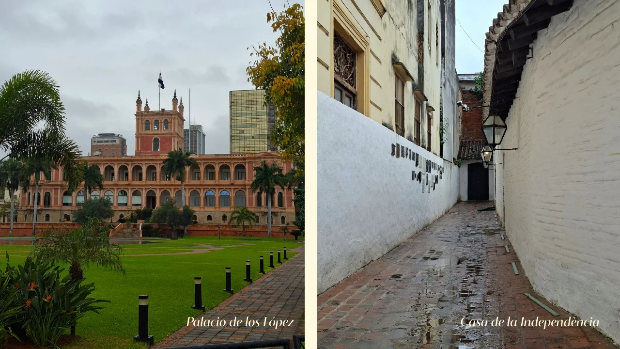 Composició de dues fotografies d'indrets històrics d'Asunción. A l'esquerra, la façana d'estil neoclàssic de color salmó del Palacio de los López, amb la seva torre central amb la bandera paraguaiana, envoltada d'un ampli jardí de gespa verda i palmeres. A la dreta, el Callejón Histórico de la Casa de la Independència, un estret passatge empedrat flanquejat per alts murs emblanquinats i fanals d'època.