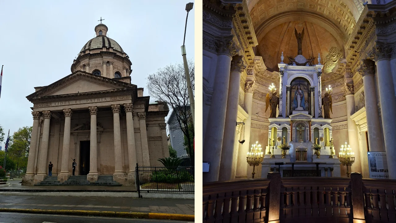 Composició de dues fotografies del Panteón Nacional de los Héroes a Asunción. A l'esquerra, la façana exterior de pedra d'estil neoclàssic amb columnes corínties, la gran cúpula i la inscripció