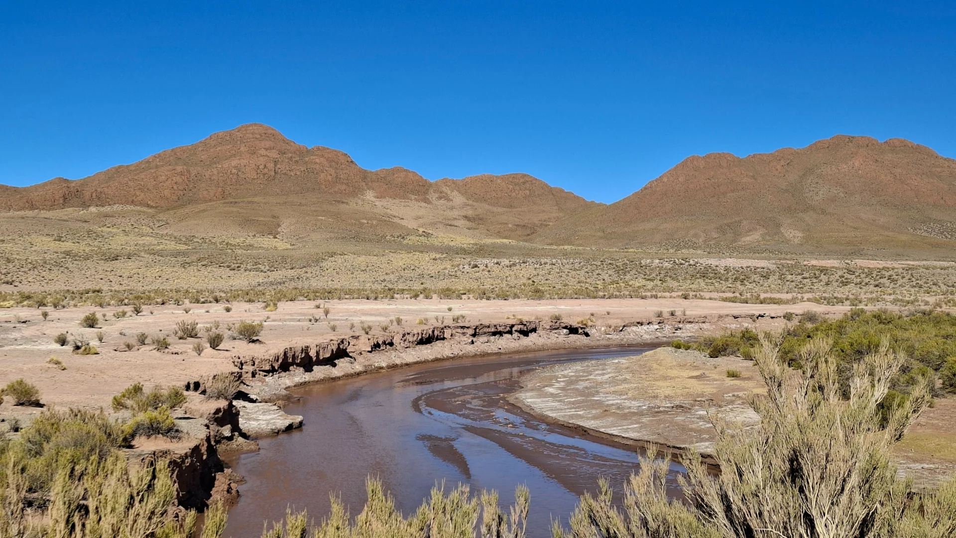 Vista panoràmica d'un riu d'aigües marronoses que serpenteja a través d'una llera argilosa i sorrenca a la Ruta 40 en direcció a Susques. La plana de la puna es troba esquitxada de matolls baixos i flanquejada per turons arrodonits de tons terrosos sota un cel blau clar.