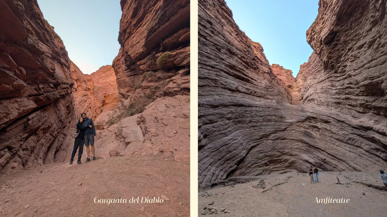 Composició de dues fotografies a la Quebrada de las Conchas. A l'esquerra, a la Garganta del Diablo, la Irene i en Pau abrigats i abraçats al peu d'un congost profund de parets altes de roca rogenca estratificada. A la dreta, l'Amfiteatre, mostrant la immensa paret semicircular de pedra amb estrats corbats naturals i petits visitants a la base que evidencien la seva magnitud.
