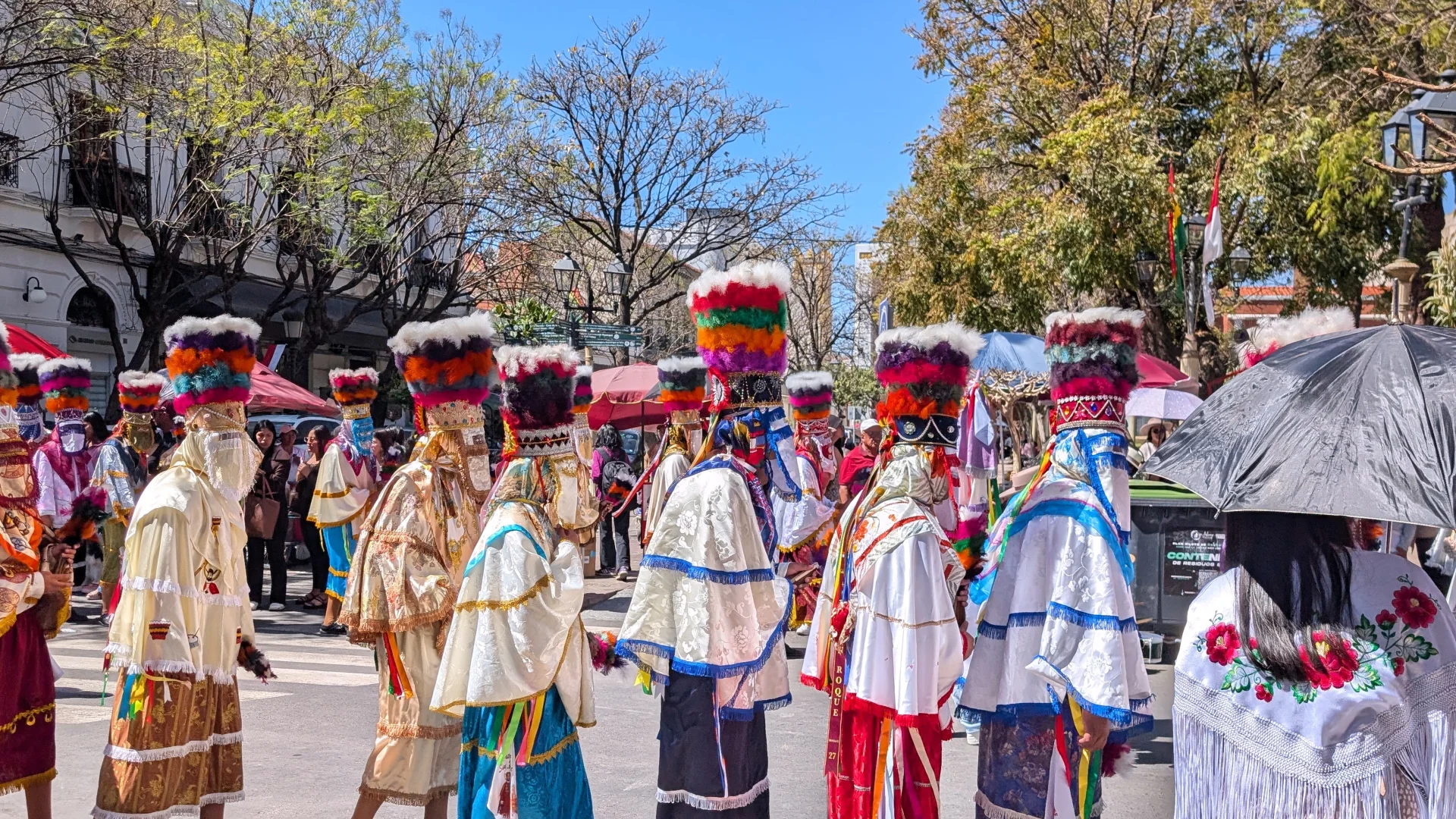 Acolorida escena de carrer de la processó de San Roque al centre de Tarija, que mostra d'esquena a una colla de chunchos promesantes desfilant amb els seus alts tocats o turbants cilíndrics guarnits amb plomes de colors vius, vels i capes cerimonials de setí amb cintes. En primer pla a la dreta, s'aprecia una dona coberta amb un paraigua negre que llueix una tradicional manta blanca tarijenya amb vistosos brodats florals.
