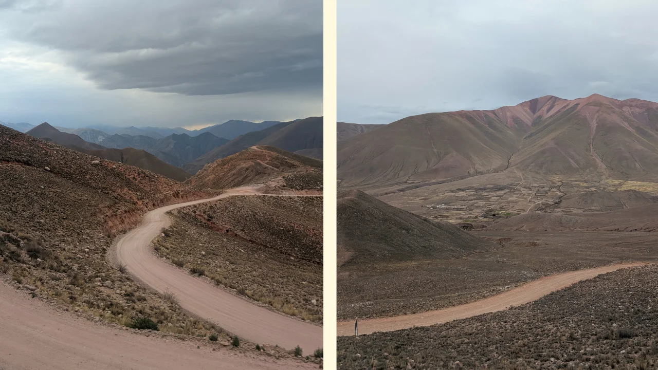 Composició de dues fotografies del viatge per carretera de terra cap a Iruya. A l'esquerra, una pista sinuosa de grava serpentejant a través del vessant d'una muntanya àrida sota un cel cobert de núvols foscos. A la dreta, una perspectiva àmplia d'una vall de la puna amb un camí que travessa el paisatge ocre i turons suaus amb parcel·les agrícoles al fons sota un cel gris.