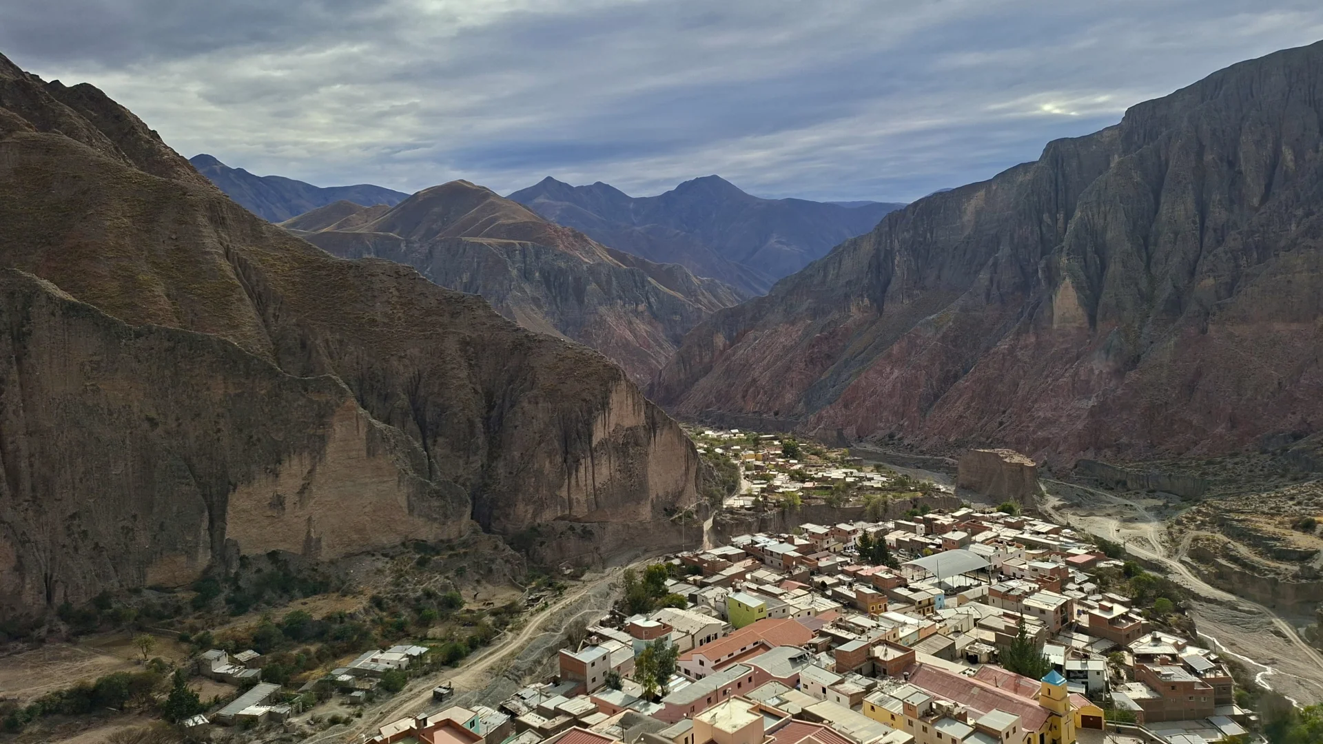 Vista panoràmica des del Mirador de la Creu del poble d'Iruya, encaixonat al fons d'una profunda vall entre imponents muntanyes escarpades i parets de roca de tons terrosos, mostrant les cases de teulades clares, l'església groga del poble i la llera seca del riu sota un cel ennuvolat.