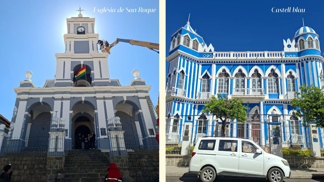Composició de dues fotografies d'arquitectura a Tarija. A l'esquerra, la façana d'estil colonial en tons grisos i blancs de l'Església de San Roque, amb la bandera boliviana penjada al campanar i una plataforma elevadora fent treballs de pintura. A la dreta, la peculiar façana del Castillo Azul amb ratlles blaves i blanques, torrasses i detalls d'inspiració fantasiosa amb una furgoneta blanca aparcada al davant.