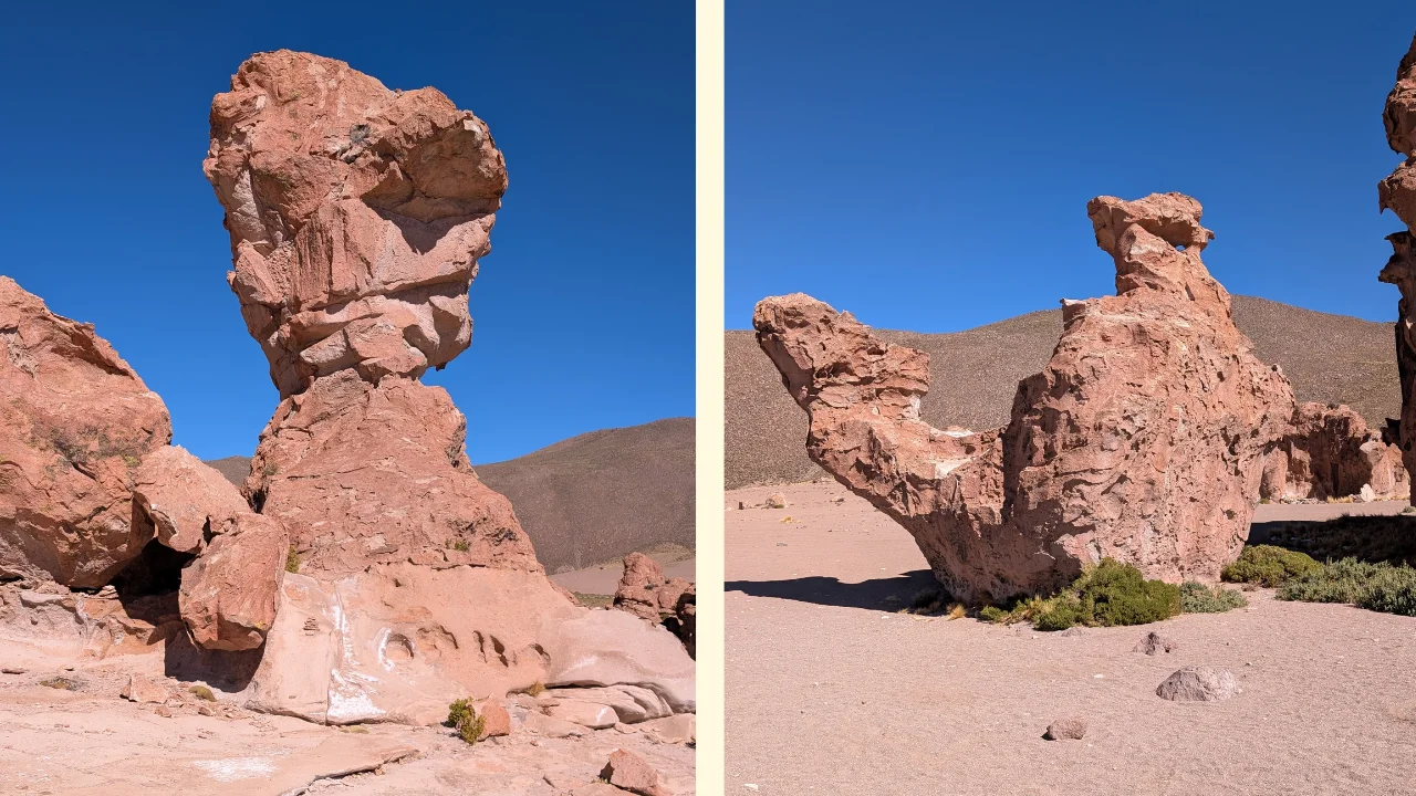 Composició de dues fotografies de formacions rocoses erosionades pel vent a prop d'Uyuni. A l'esquerra, la curiosa formació de la 