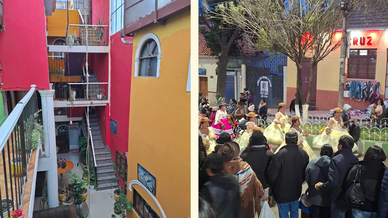 Composició de dues fotografies a Potosí. A l'esquerra, vista en picat del colorit pati interior de l'Hostal Koala amb parets pintades de vermell i groc, escales d'accés i plantes en testos. A la dreta, desfilada tradicional de la festa dels Ch'utillos en un carrer urbà, amb ballarines lluint vestits voluminosos i barrets bombí envoltades de públic.